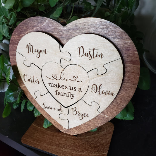 Heart Puzzle Sign with Stand, Love Makes Us a Family