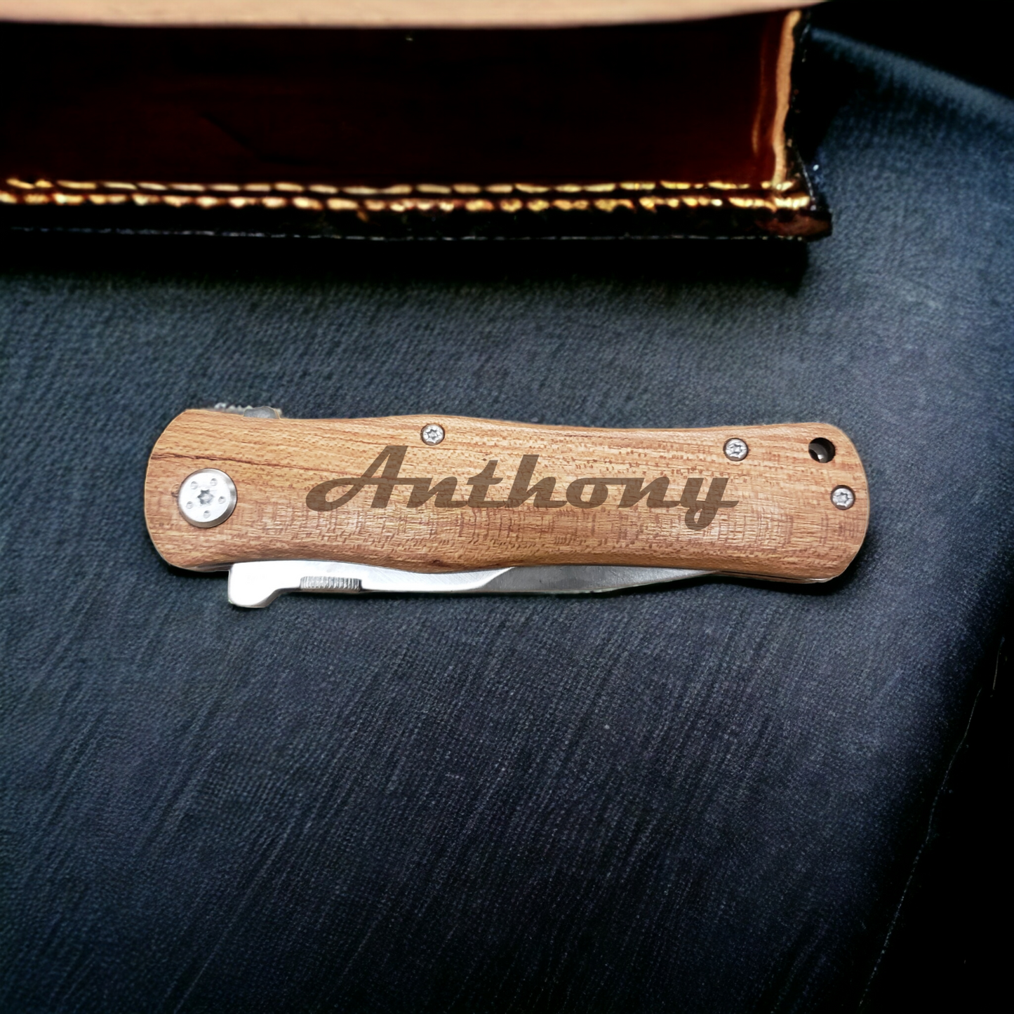 Personalized 4 1/2" Wood Handle Folding Pocket Knife