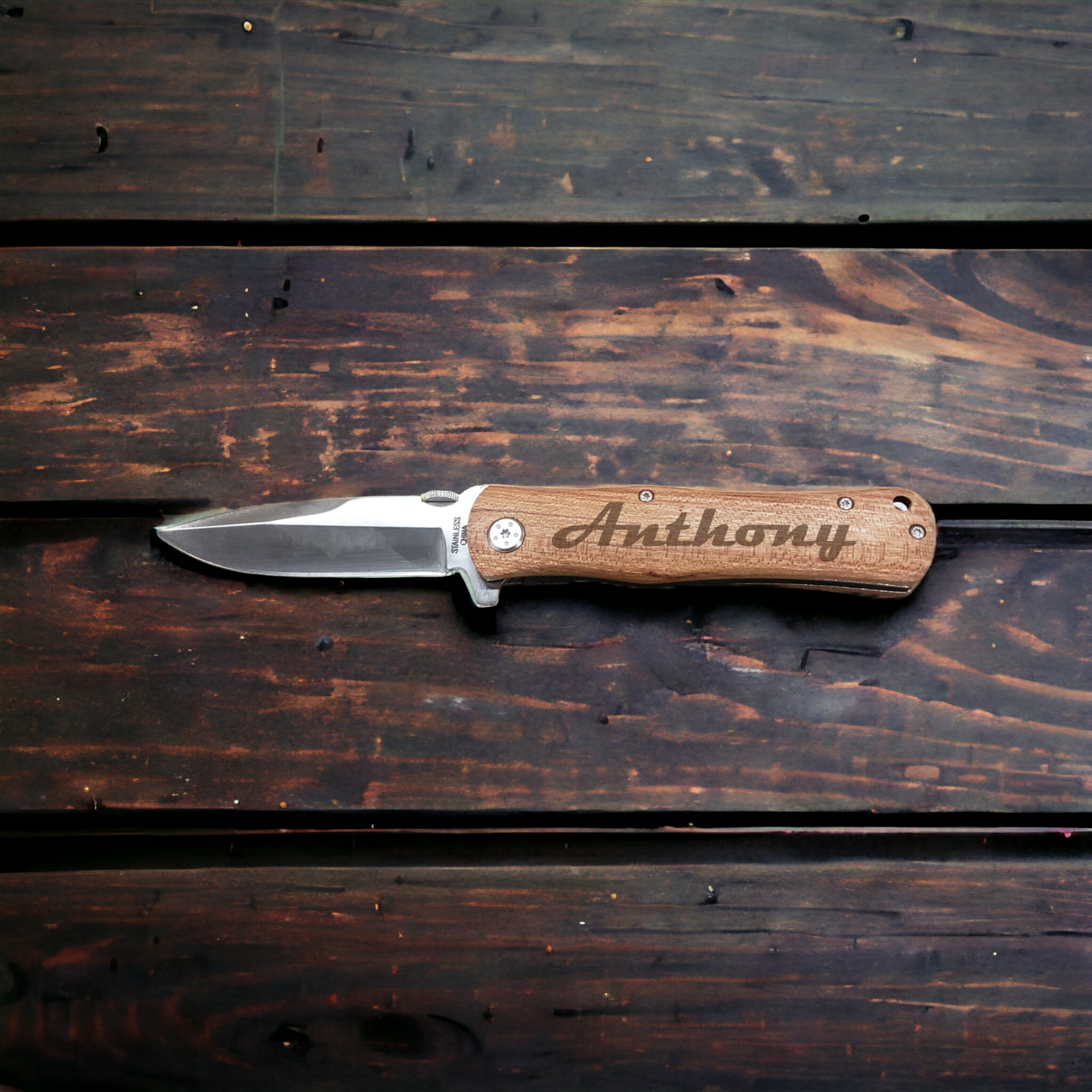 Personalized 4 1/2" Wood Handle Folding Pocket Knife