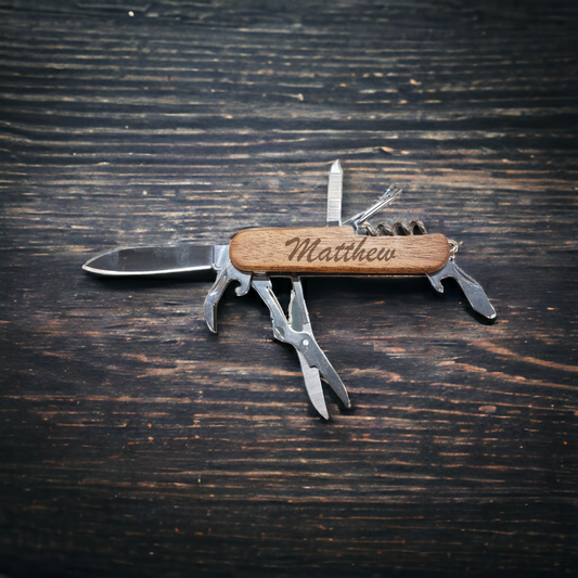 Personalized 3 1/2" Wooden 8-Function Multi-Tool Pocket Knife